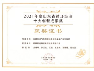 热烈祝贺明硕环境集团荣获20212年度山东省循环经济十大创新成果奖